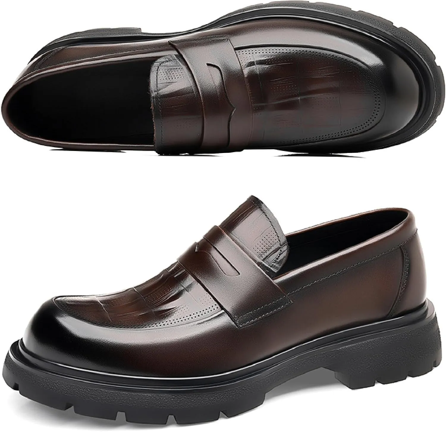 Men's Luxury Genuine Leather Platform Chunky Slip-on Penny Loafers Fashion Round Toe Lug Sole Patent Business Dress Shoes Classic Non-Slip Party Wedding Prom Work Shoes