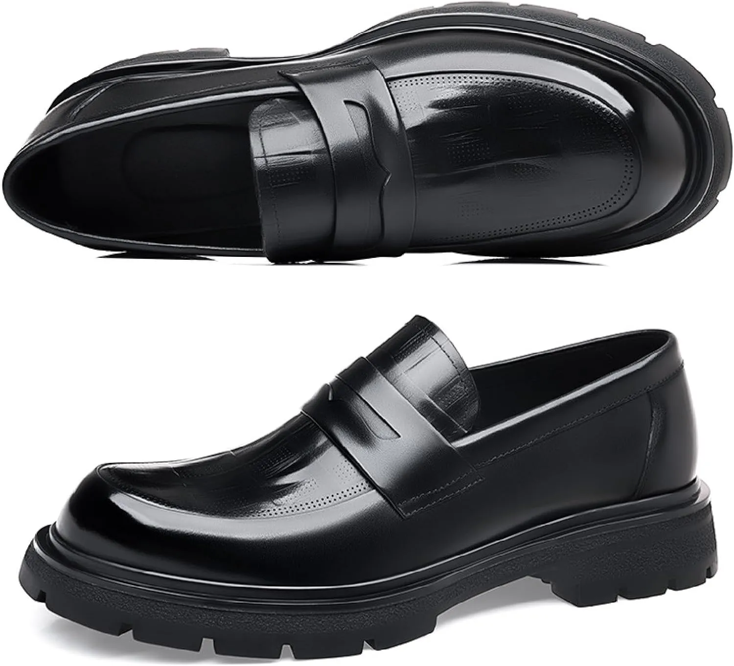 Men's Luxury Genuine Leather Platform Chunky Slip-on Penny Loafers Fashion Round Toe Lug Sole Patent Business Dress Shoes Classic Non-Slip Party Wedding Prom Work Shoes