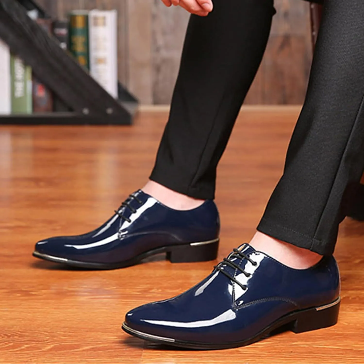 Men's Patent Leather Pointed Toe Derby Dress Shoes Classic Lace-Up Tuxedo Business Formal Oxford Shoes