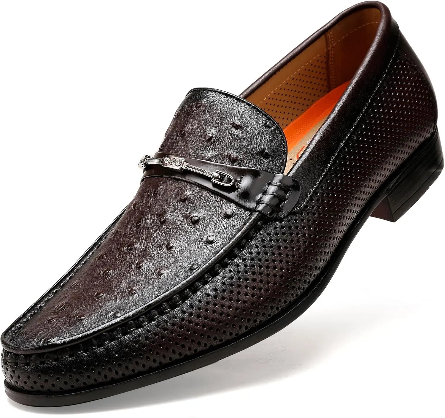 Men's Penny Loafers, Premium Ostrich Print Slip-on Dress Shoes Formal Business Shoes with Metal Buckle Casual Dress Loafer for Mens