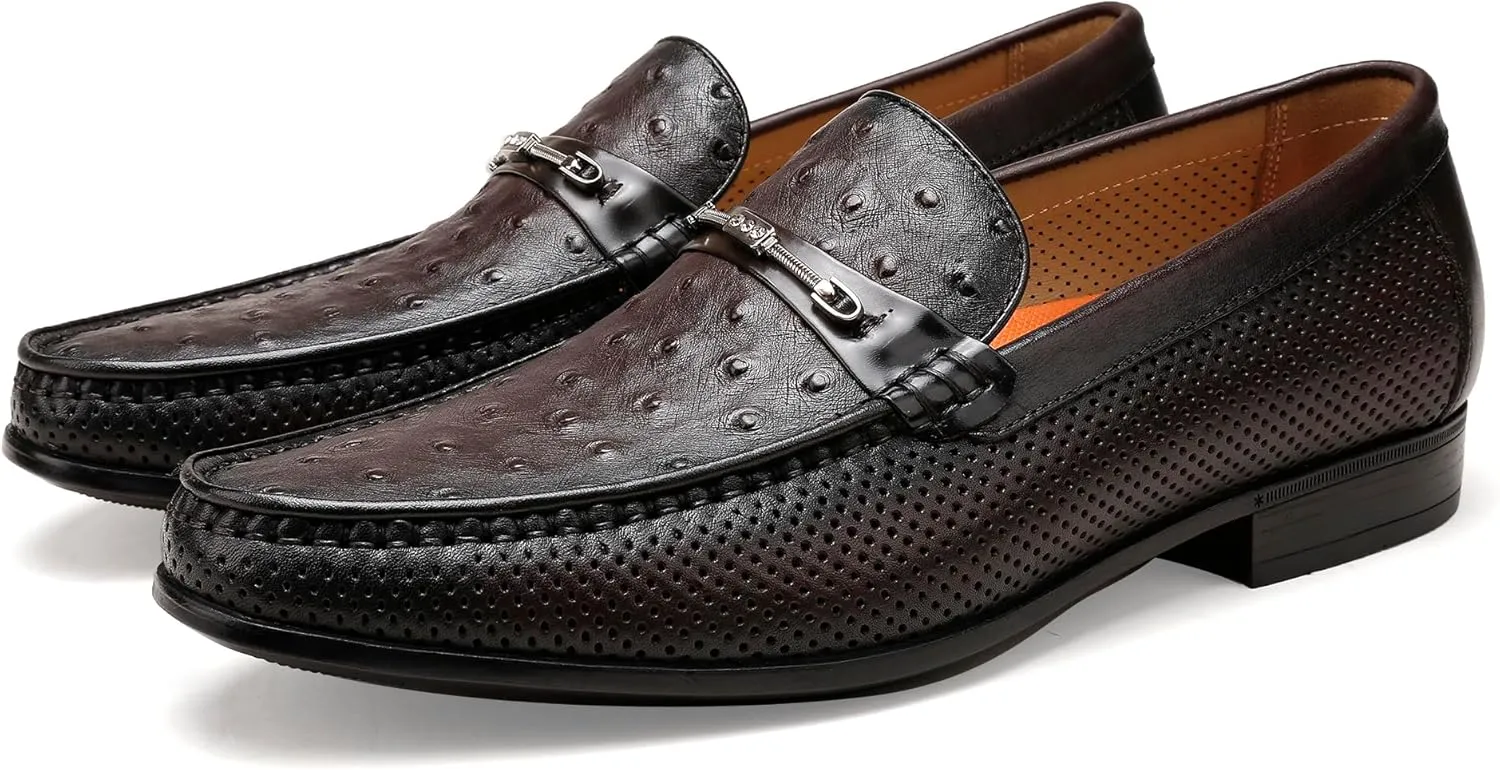 Men's Penny Loafers, Premium Ostrich Print Slip-on Dress Shoes Formal Business Shoes with Metal Buckle Casual Dress Loafer for Mens