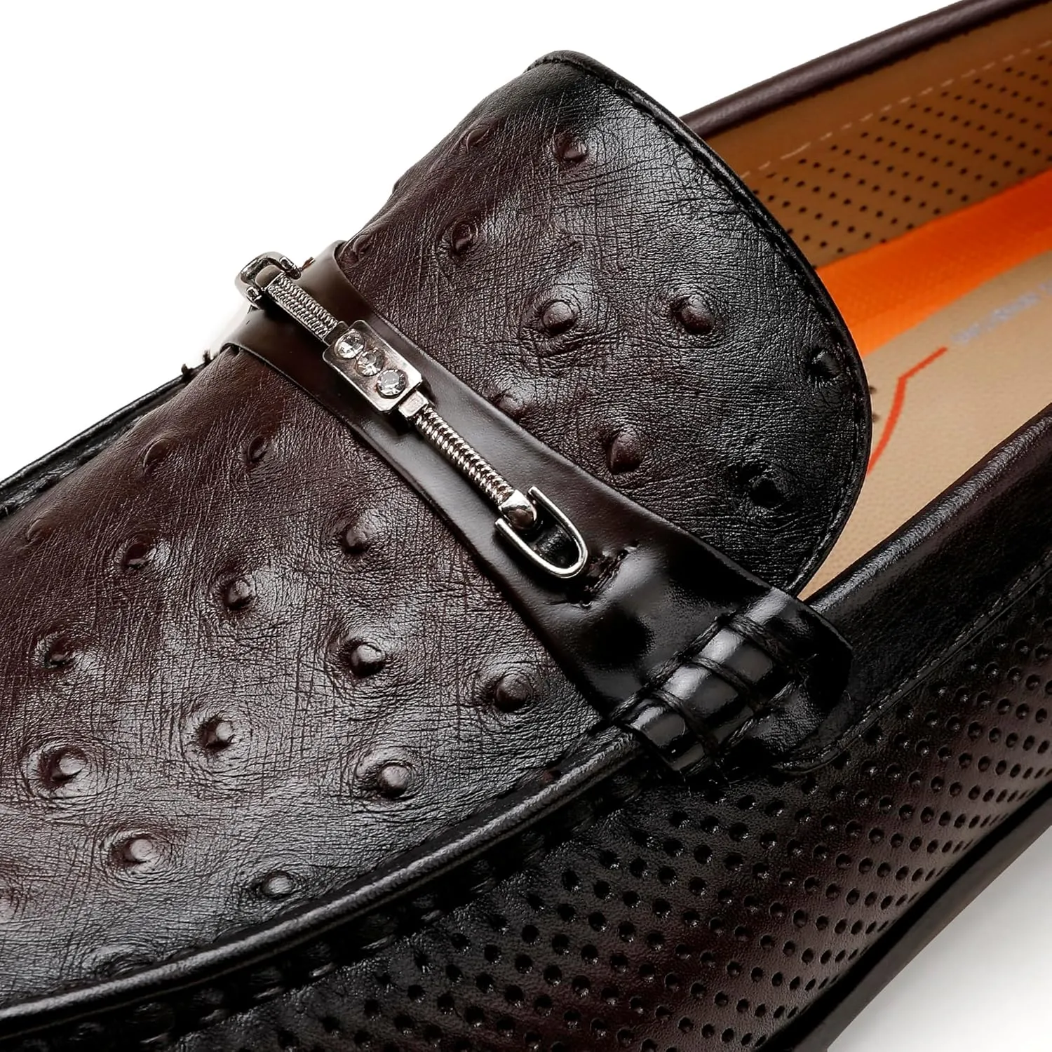 Men's Penny Loafers, Premium Ostrich Print Slip-on Dress Shoes Formal Business Shoes with Metal Buckle Casual Dress Loafer for Mens