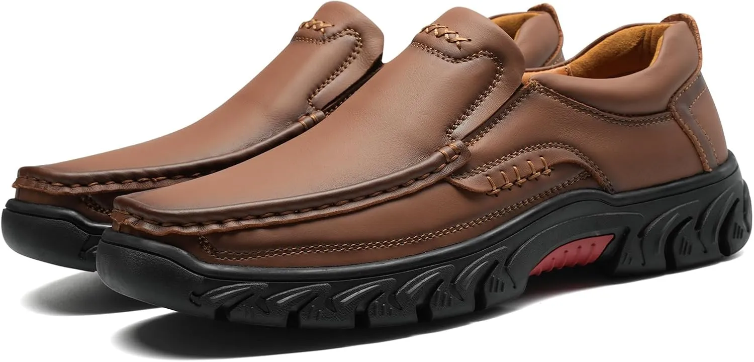 Mens Slip On Casual Loafers Classic Outdoor Leather Walking Hiking Dress Shoes Comfortable for Work Office Shoes