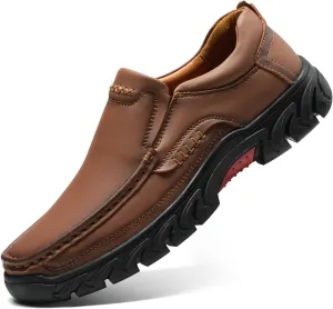 Mens Slip On Casual Loafers Classic Outdoor Leather Walking Hiking Dress Shoes Comfortable for Work Office Shoes