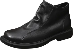 Men's Soft Cowhide High-top Chelsea Ankle Boots Classic Round Toe Side Zipper Soft Sole Low Block Heel Business Dress Chukka Boots