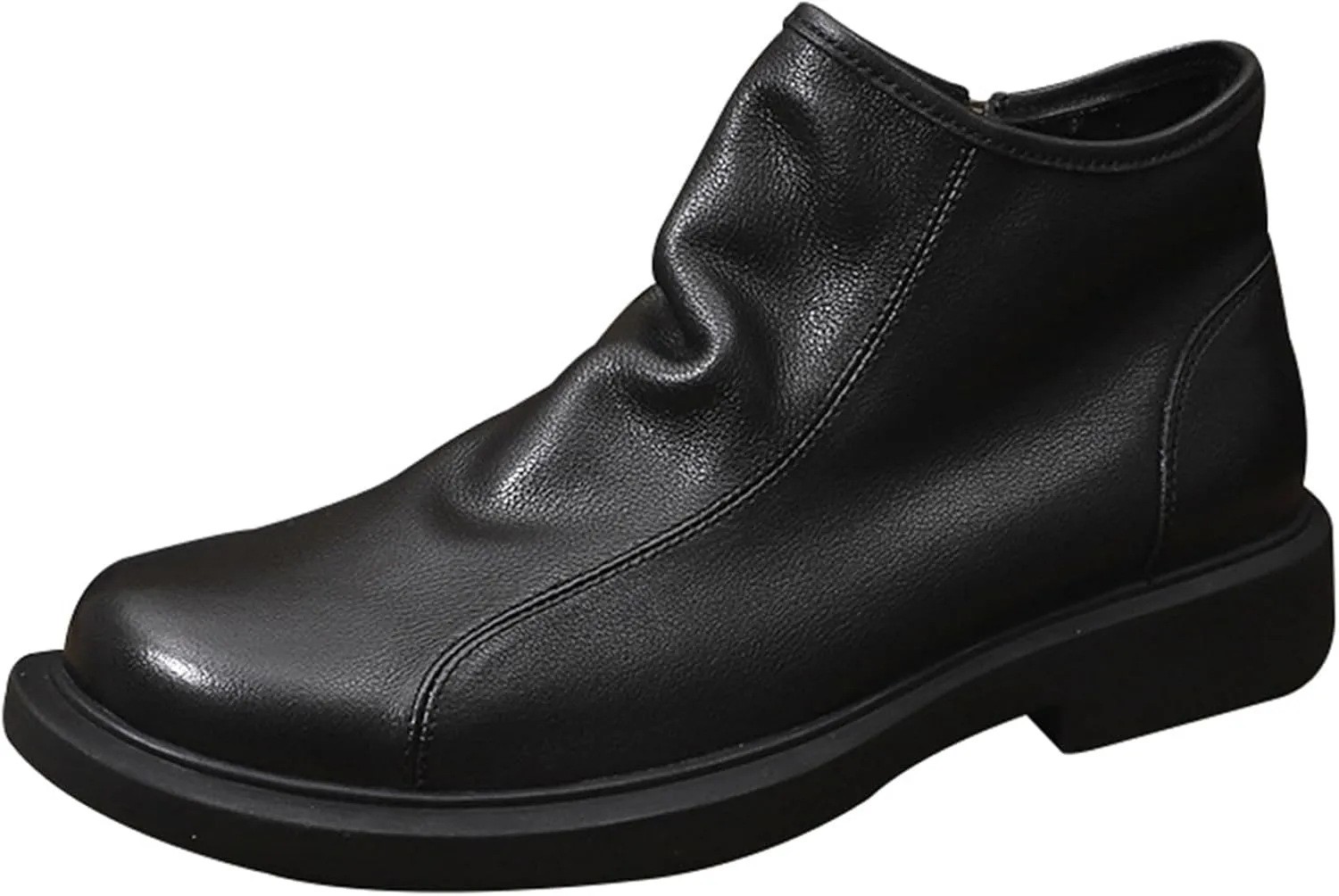 Men's Soft Cowhide High-top Chelsea Ankle Boots Classic Round Toe Side Zipper Soft Sole Low Block Heel Business Dress Chukka Boots