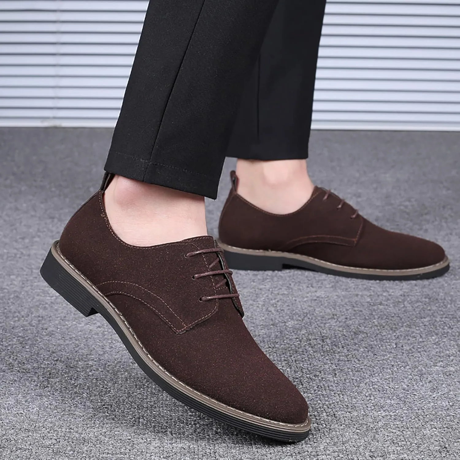 Men's Suede Lace Up Dress Shoes,Classic Hand Stitching Retro Suede Leather Soft Sole Flat Shoes Velvet Low-Top Casual British Business Office Breathable Oxford Shoes