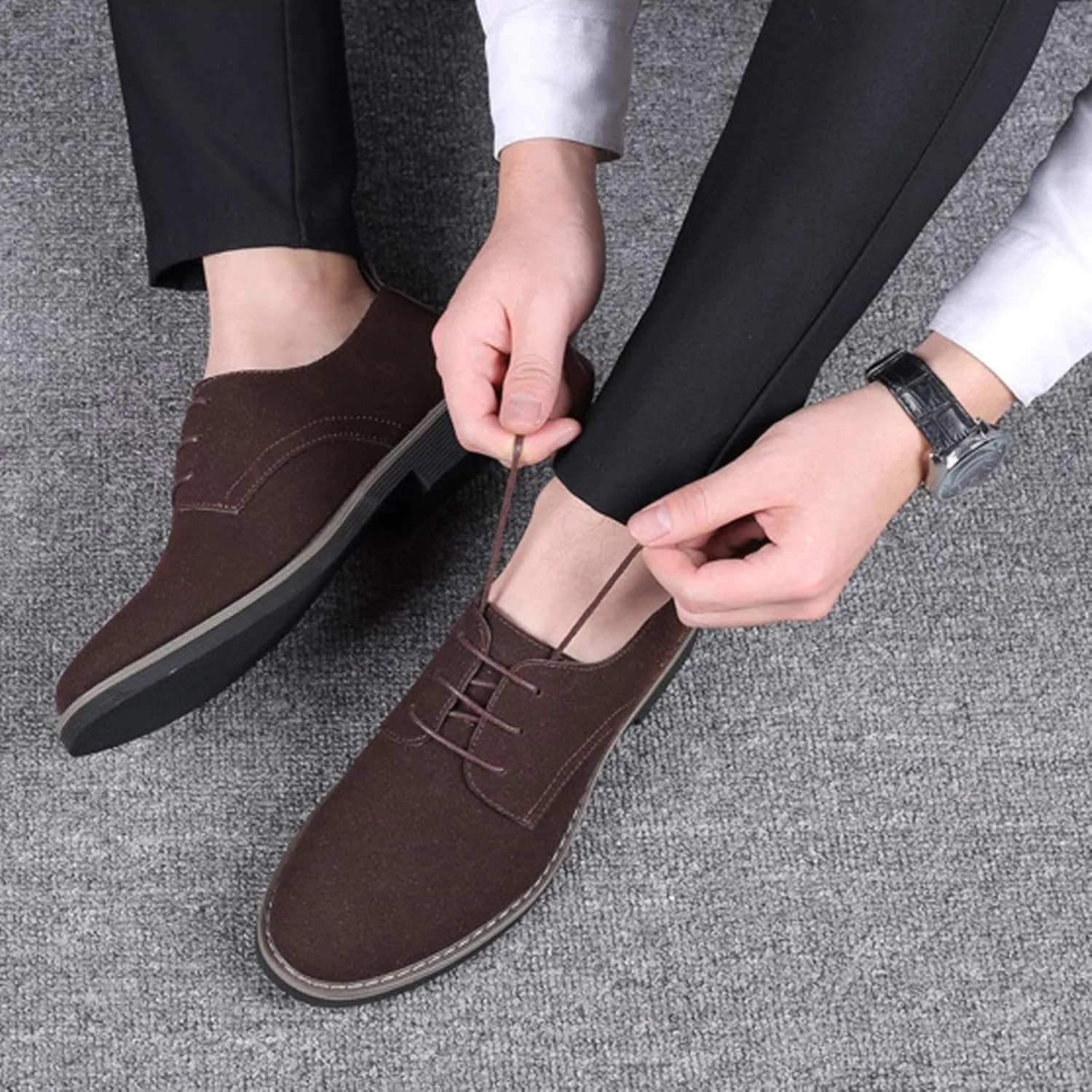 Men's Suede Lace Up Dress Shoes,Classic Hand Stitching Retro Suede Leather Soft Sole Flat Shoes Velvet Low-Top Casual British Business Office Breathable Oxford Shoes