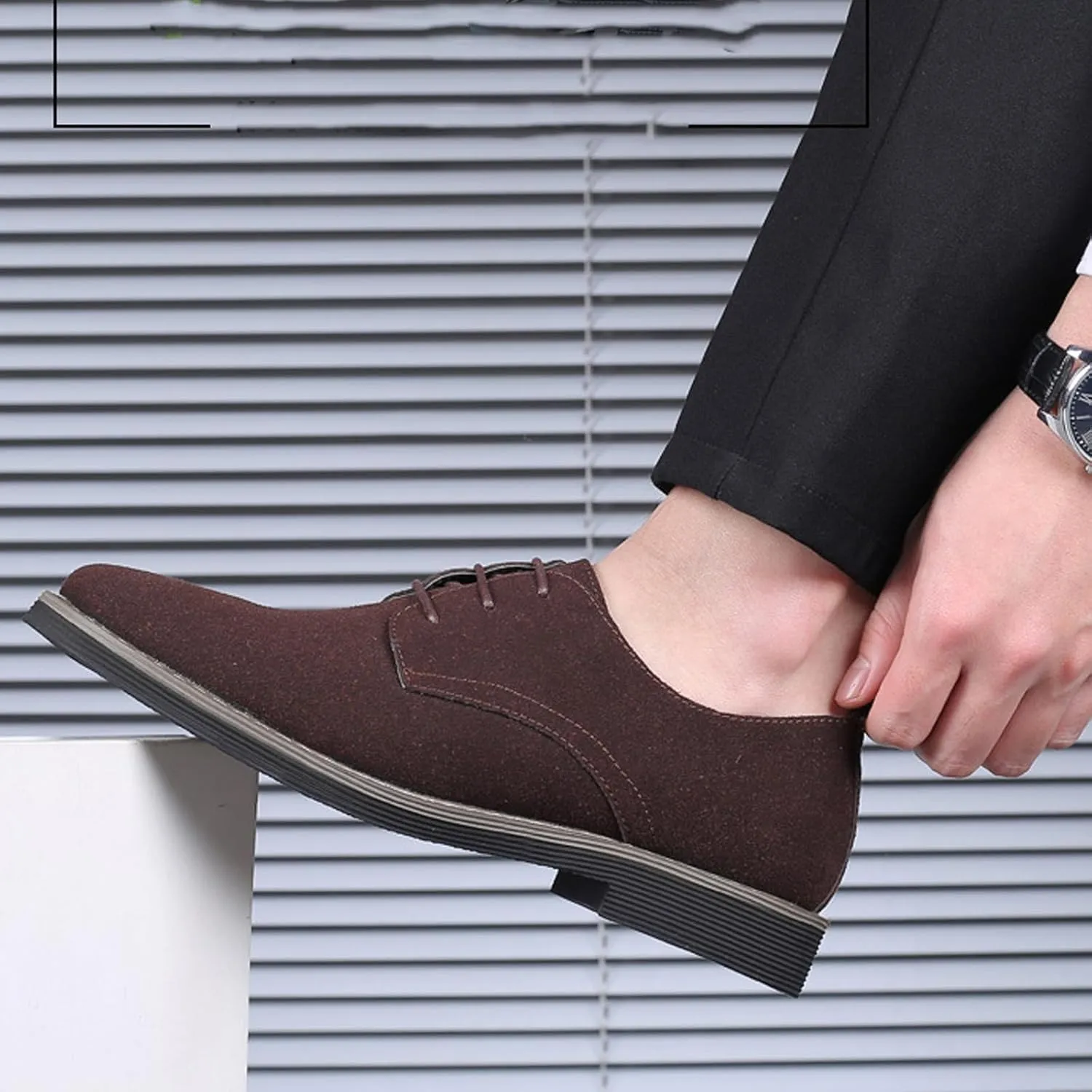 Men's Suede Lace Up Dress Shoes,Classic Hand Stitching Retro Suede Leather Soft Sole Flat Shoes Velvet Low-Top Casual British Business Office Breathable Oxford Shoes