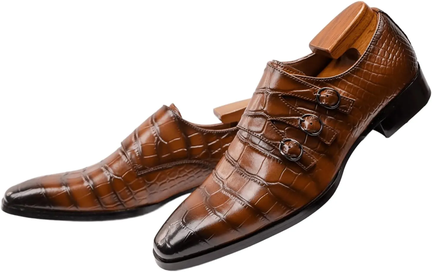 Mens Three Monk Strap Slip on Loafer Leather Oxford Formal Business Casual Comfortable Dress Shoes for Men