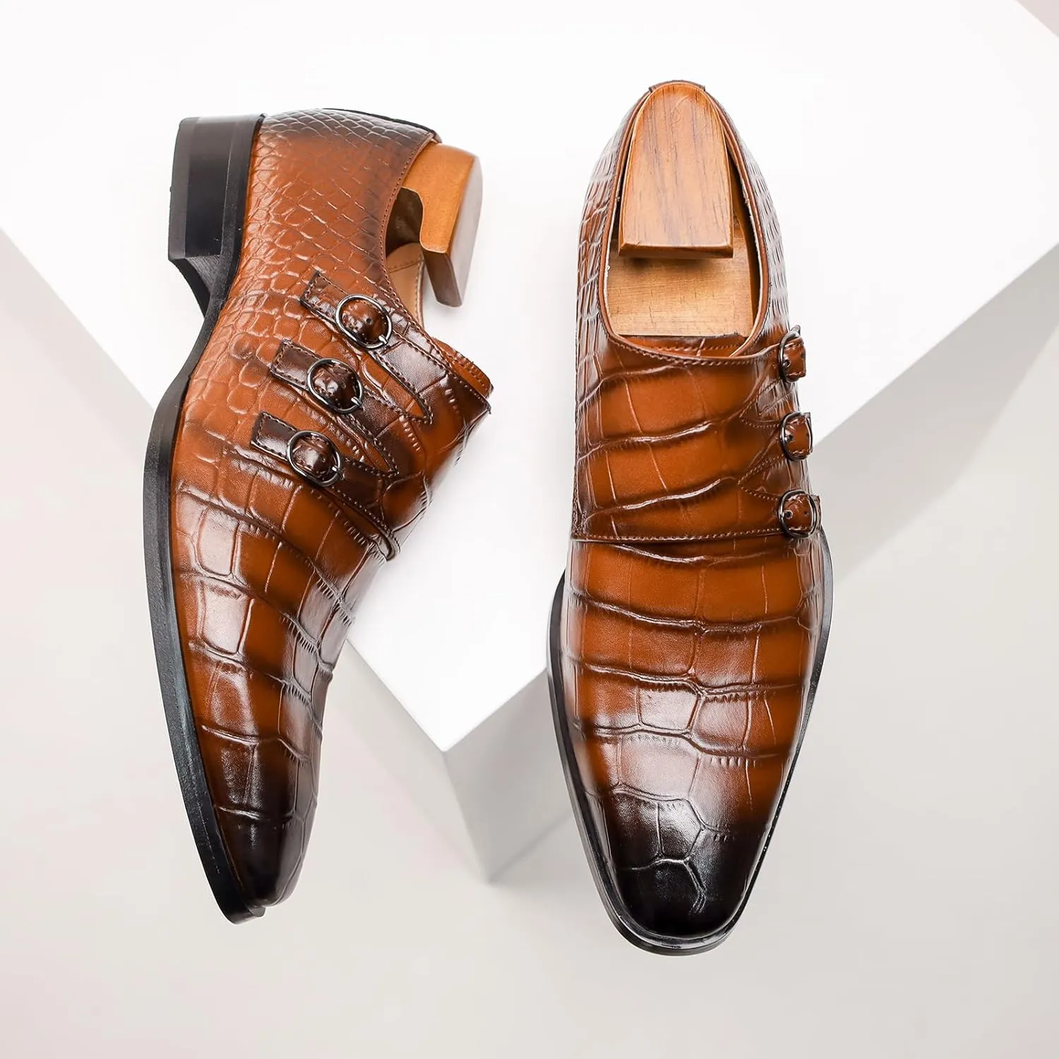 Mens Three Monk Strap Slip on Loafer Leather Oxford Formal Business Casual Comfortable Dress Shoes for Men