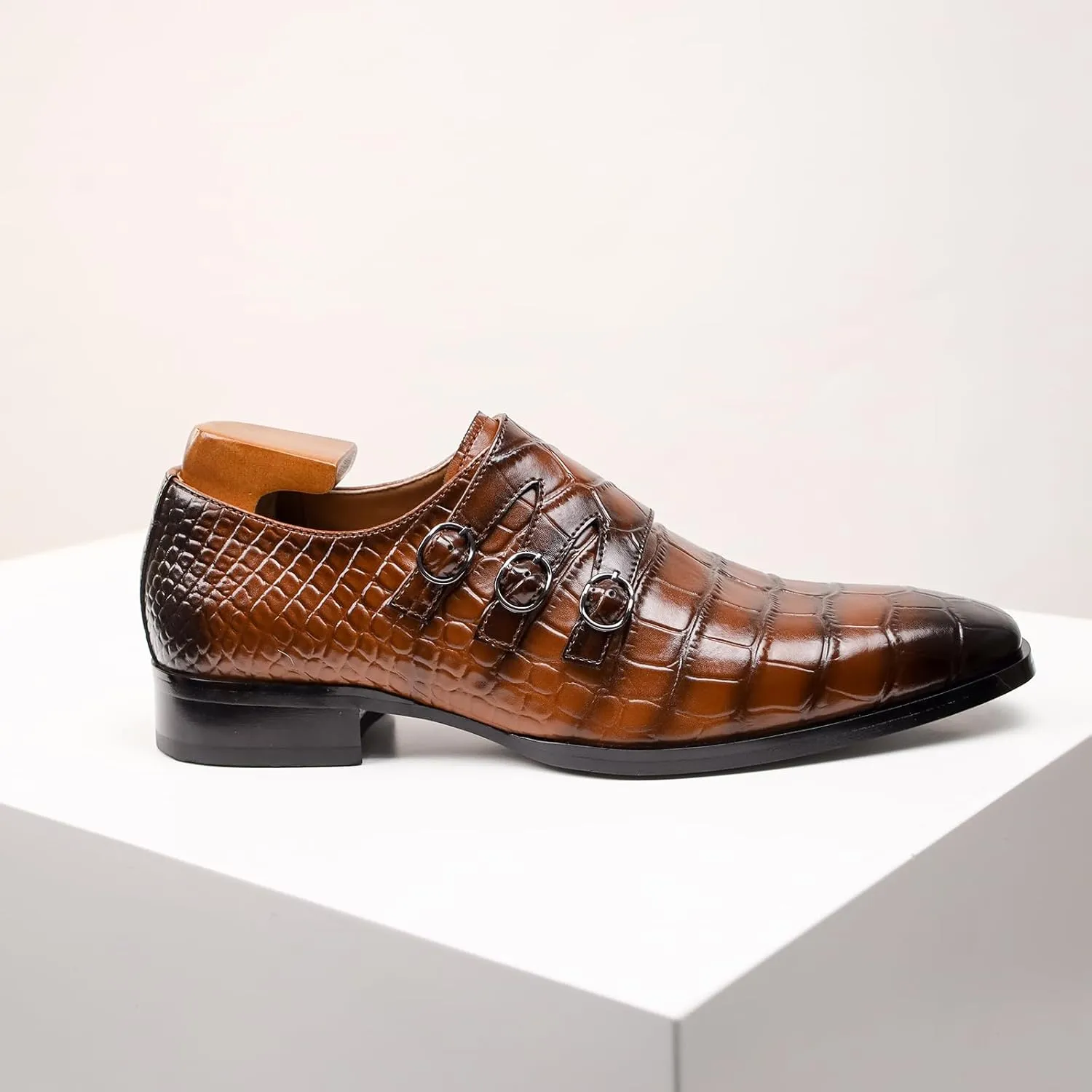 Mens Three Monk Strap Slip on Loafer Leather Oxford Formal Business Casual Comfortable Dress Shoes for Men