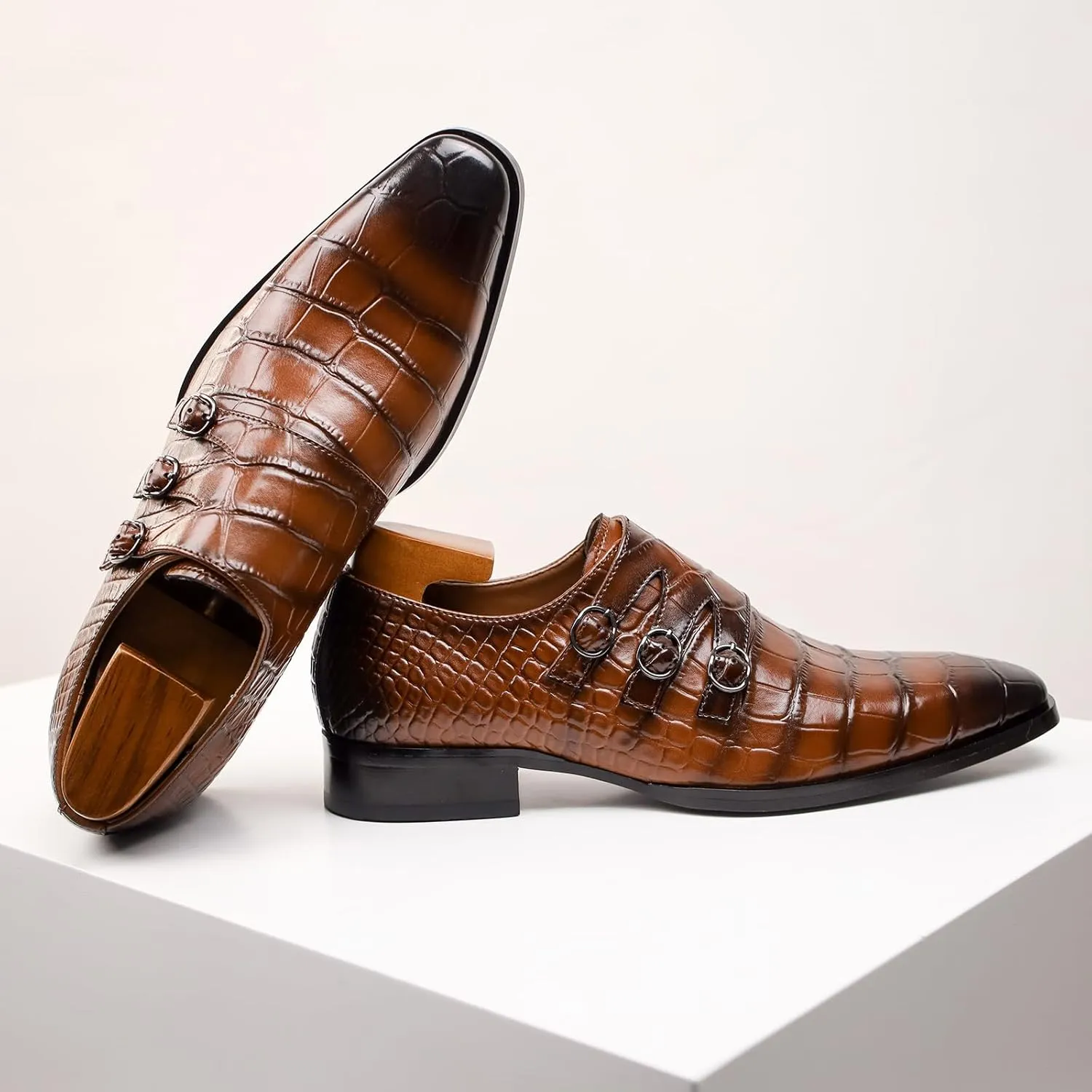 Mens Three Monk Strap Slip on Loafer Leather Oxford Formal Business Casual Comfortable Dress Shoes for Men