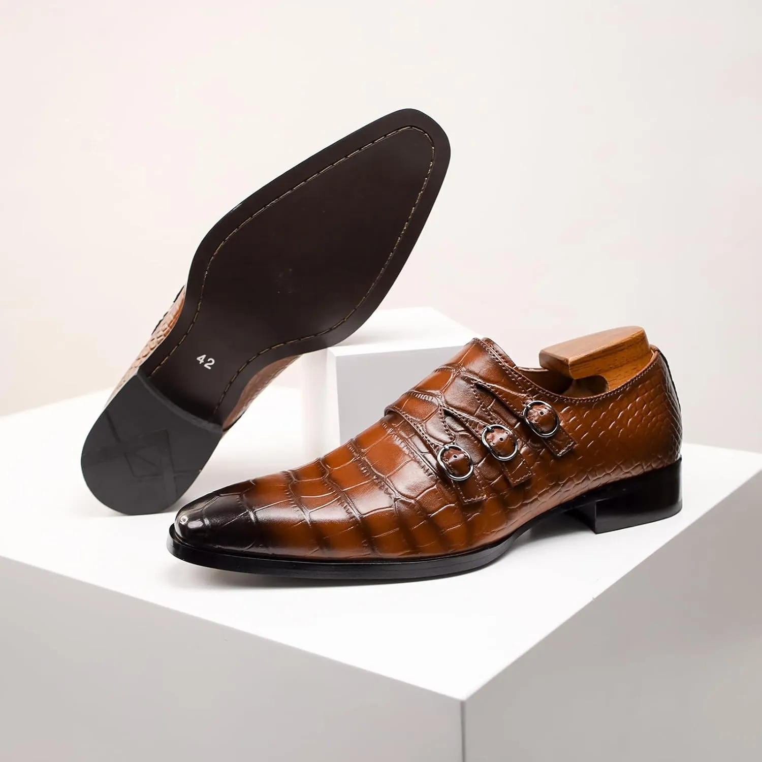 Mens Three Monk Strap Slip on Loafer Leather Oxford Formal Business Casual Comfortable Dress Shoes for Men