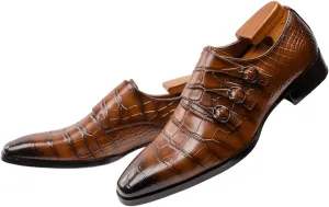 Mens Three Monk Strap Slip on Loafer Leather Oxford Formal Business Casual Comfortable Dress Shoes for Men