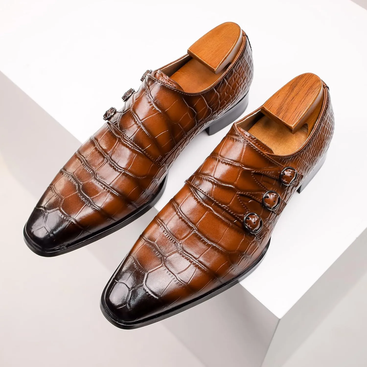 Mens Three Monk Strap Slip on Loafer Leather Oxford Formal Business Casual Comfortable Dress Shoes for Men