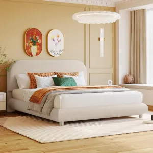 Merax Teddy Fleece Queen Size Upholstered Platform Bed with Thick Fabric, Solid Frame and Stylish Curve-Shaped Design, Beige