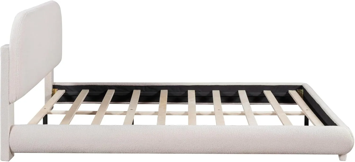 Merax Teddy Fleece Queen Size Upholstered Platform Bed with Thick Fabric, Solid Frame and Stylish Curve-Shaped Design, Beige