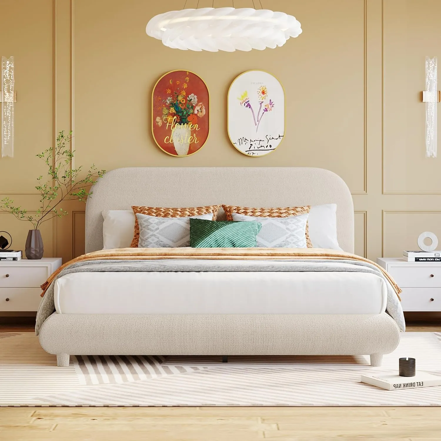 Merax Teddy Fleece Queen Size Upholstered Platform Bed with Thick Fabric, Solid Frame and Stylish Curve-Shaped Design, Beige