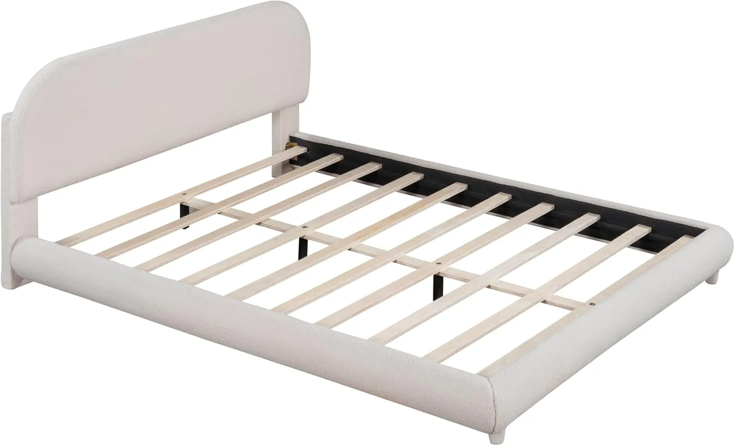 Merax Teddy Fleece Queen Size Upholstered Platform Bed with Thick Fabric, Solid Frame and Stylish Curve-Shaped Design, Beige