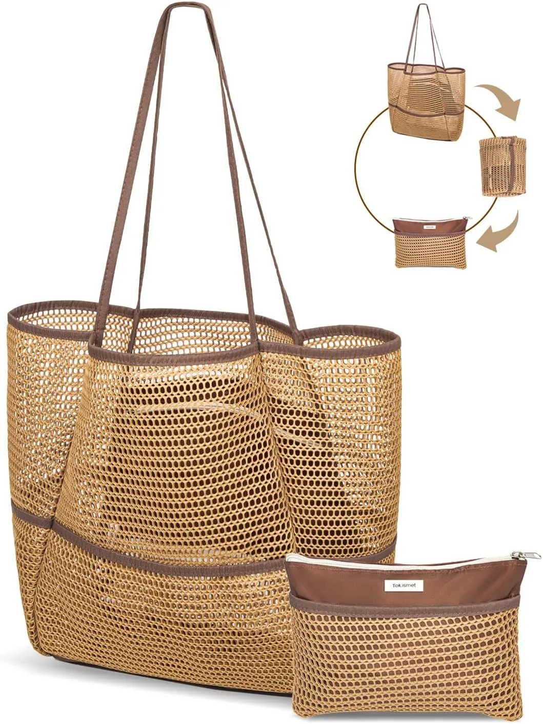 Mesh Beach Tote Bag Packable,2025 New 2-in-1 Large Lightweight Foldable Beach Bags with Multiple Pockets for Women