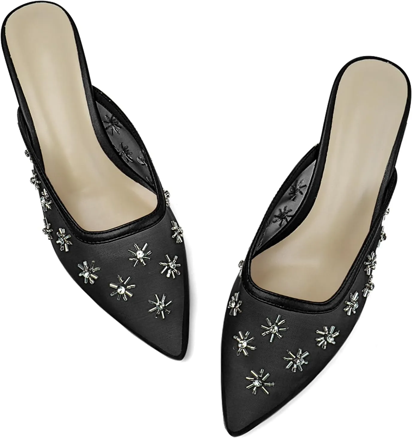 Mesh Mules for Women Pointed Toe Kitten Heels with Crystal Snowflake Decorations Closed Toe Low Heels