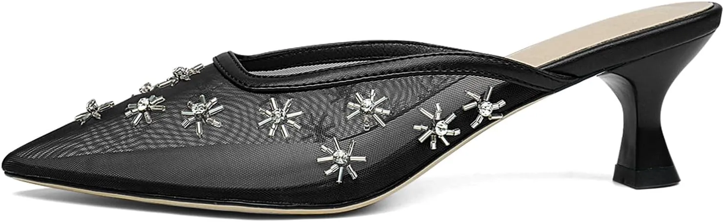 Mesh Mules for Women Pointed Toe Kitten Heels with Crystal Snowflake Decorations Closed Toe Low Heels
