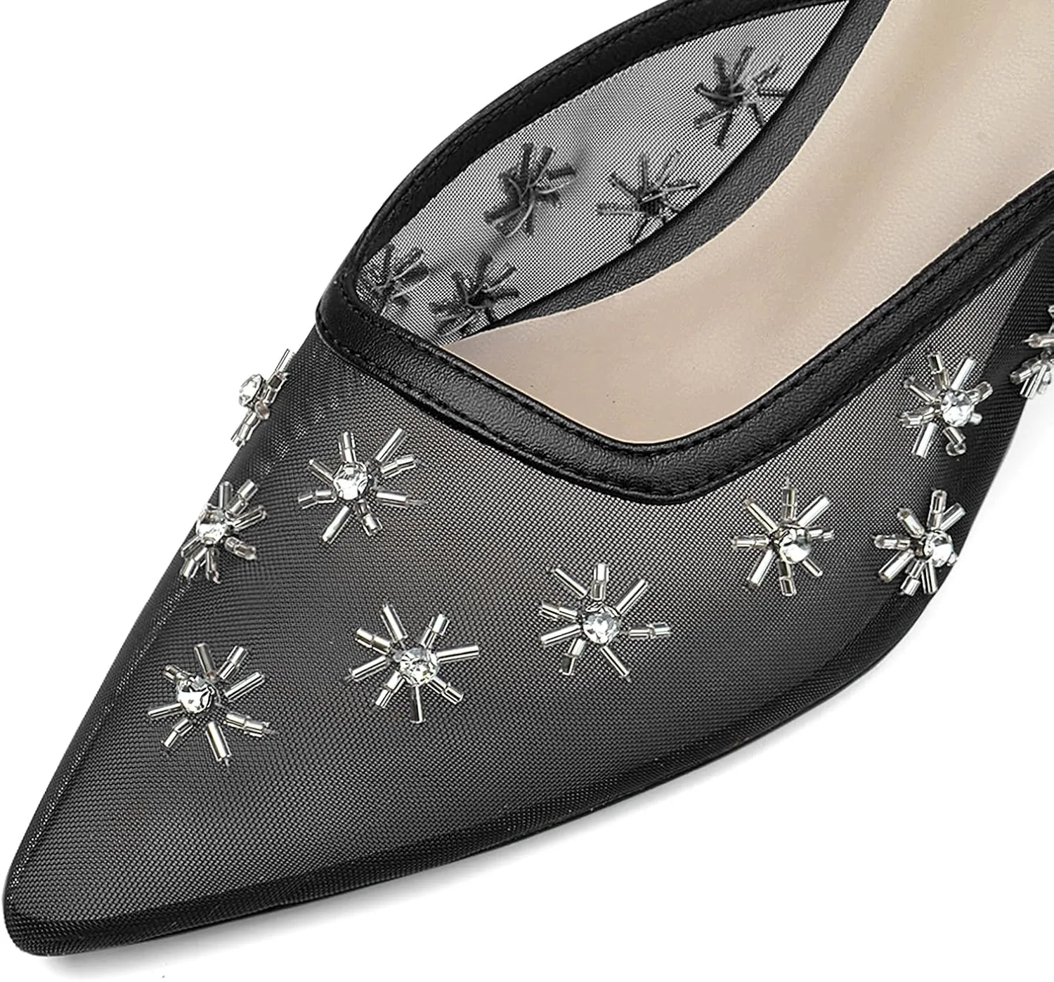 Mesh Mules for Women Pointed Toe Kitten Heels with Crystal Snowflake Decorations Closed Toe Low Heels