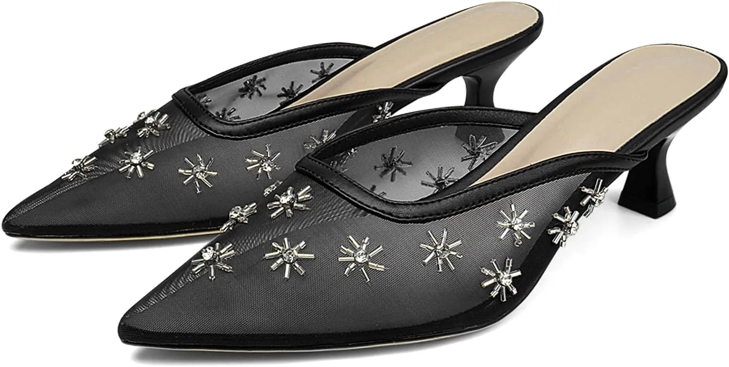 Mesh Mules for Women Pointed Toe Kitten Heels with Crystal Snowflake Decorations Closed Toe Low Heels