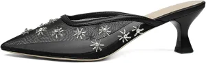Mesh Mules for Women Pointed Toe Kitten Heels with Crystal Snowflake Decorations Closed Toe Low Heels