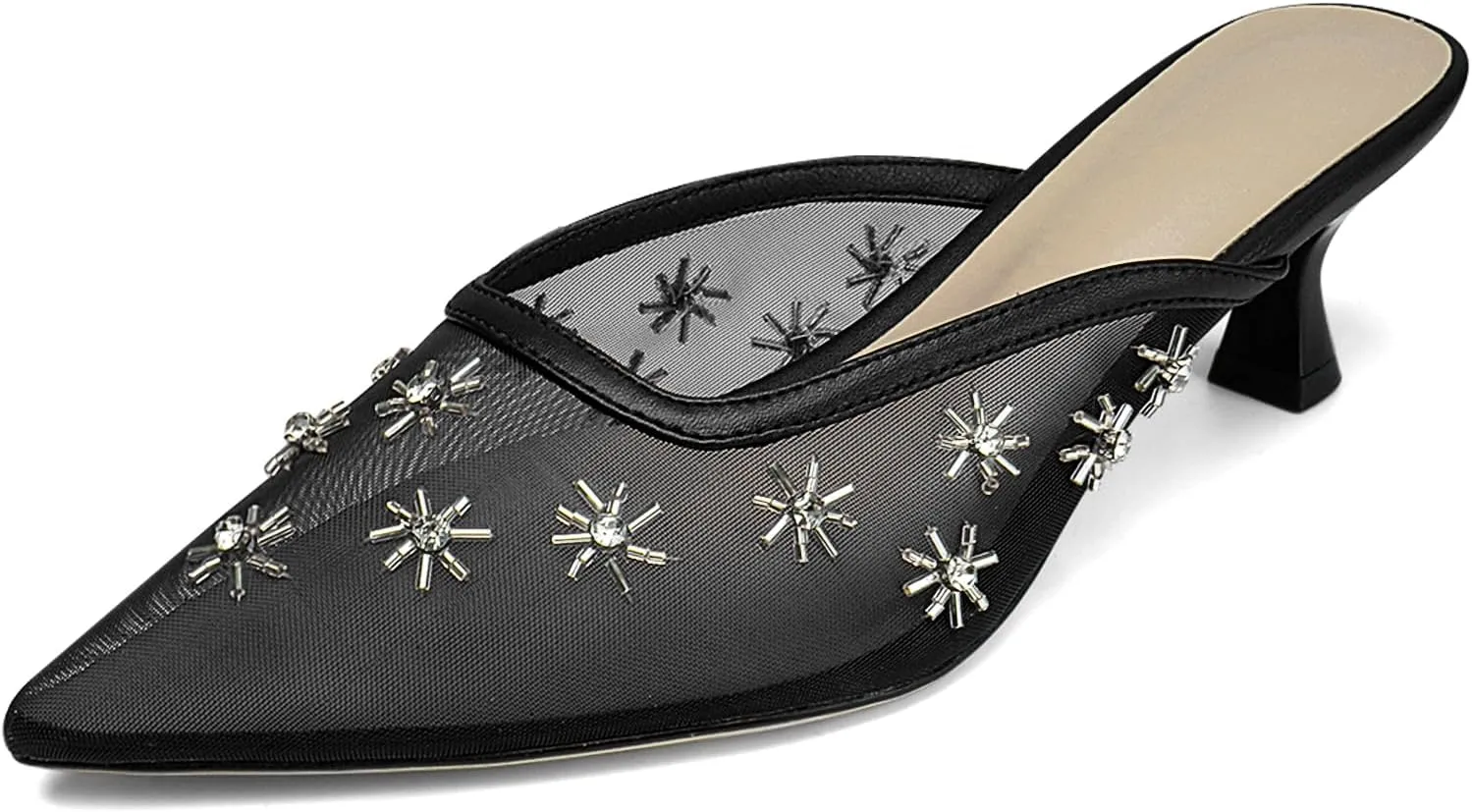 Mesh Mules for Women Pointed Toe Kitten Heels with Crystal Snowflake Decorations Closed Toe Low Heels