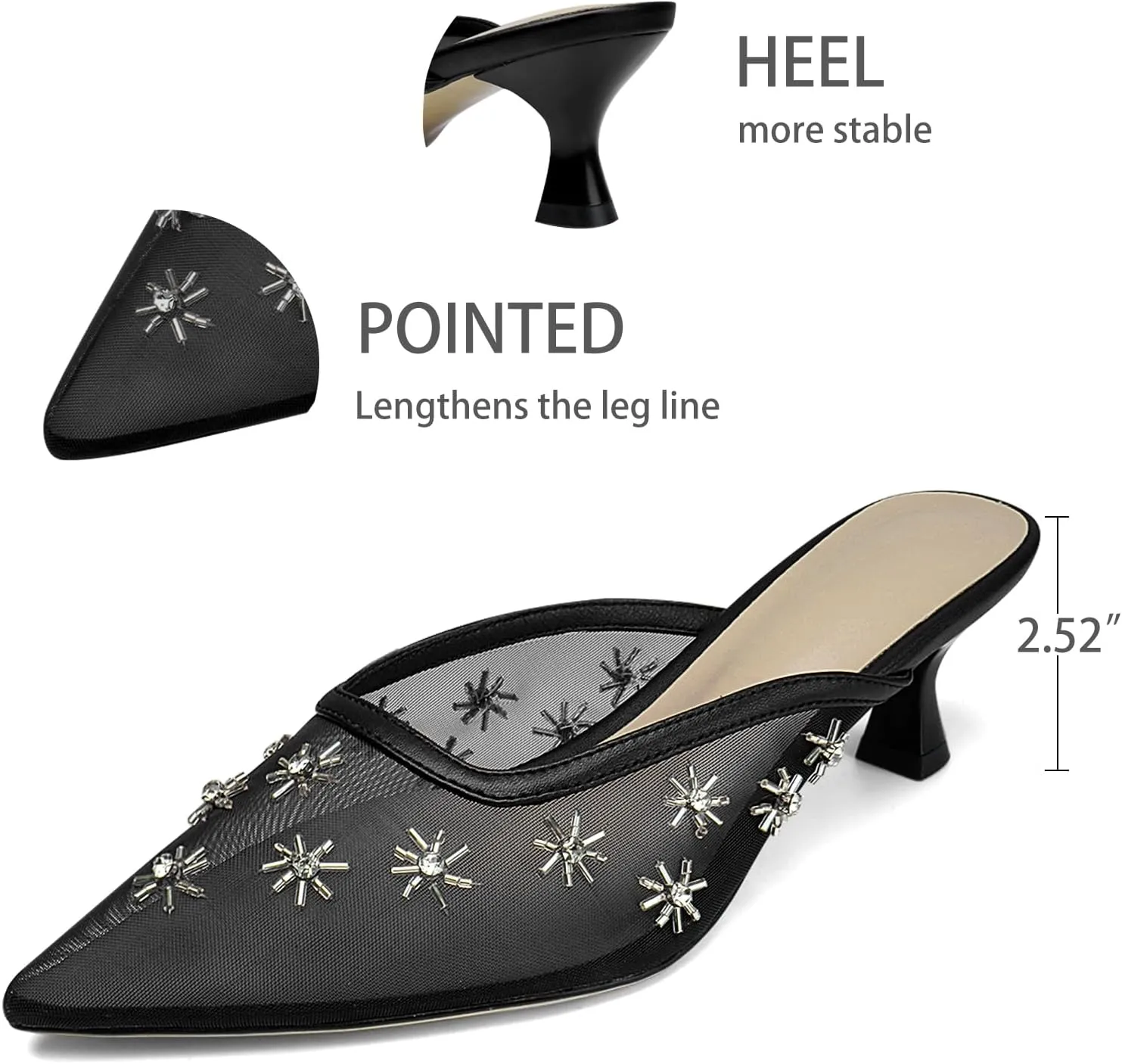 Mesh Mules for Women Pointed Toe Kitten Heels with Crystal Snowflake Decorations Closed Toe Low Heels