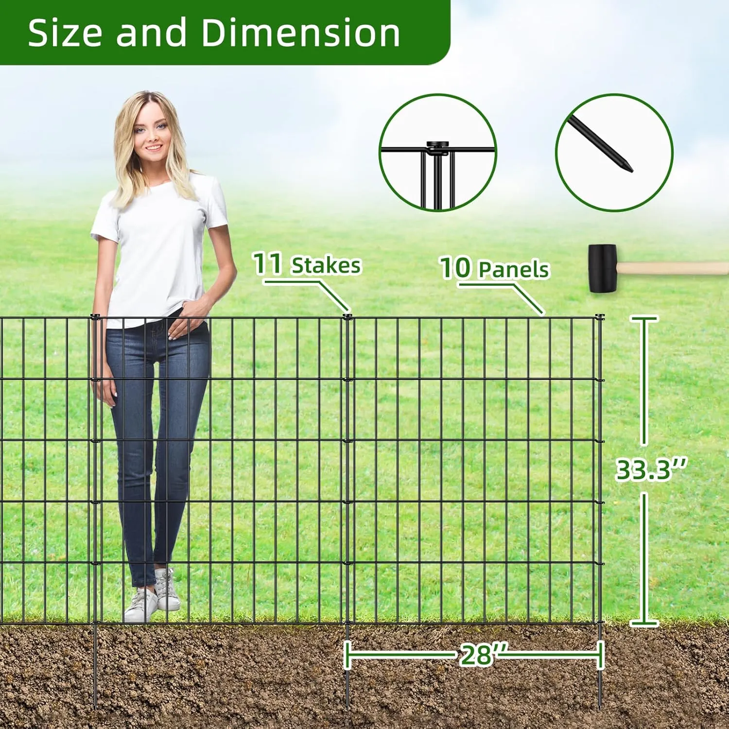 Metal Garden Fence 33.3in (H) x 23.3ft (L), 10 Panels   11 Stakes Dog Fence Border Fence Animal Barrier, No Dig Garden Fencing for Yard Flower Bed Lawn Patio Outdoor, PIN332810 Black