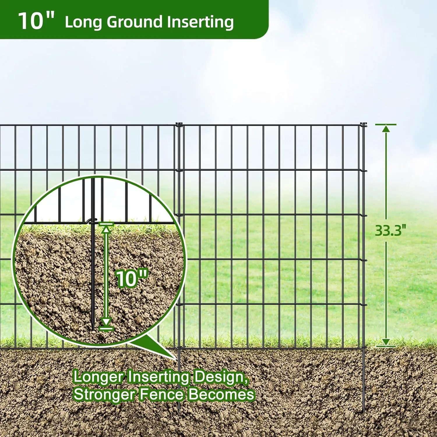 Metal Garden Fence 33.3in (H) x 23.3ft (L), 10 Panels   11 Stakes Dog Fence Border Fence Animal Barrier, No Dig Garden Fencing for Yard Flower Bed Lawn Patio Outdoor, PIN332810 Black