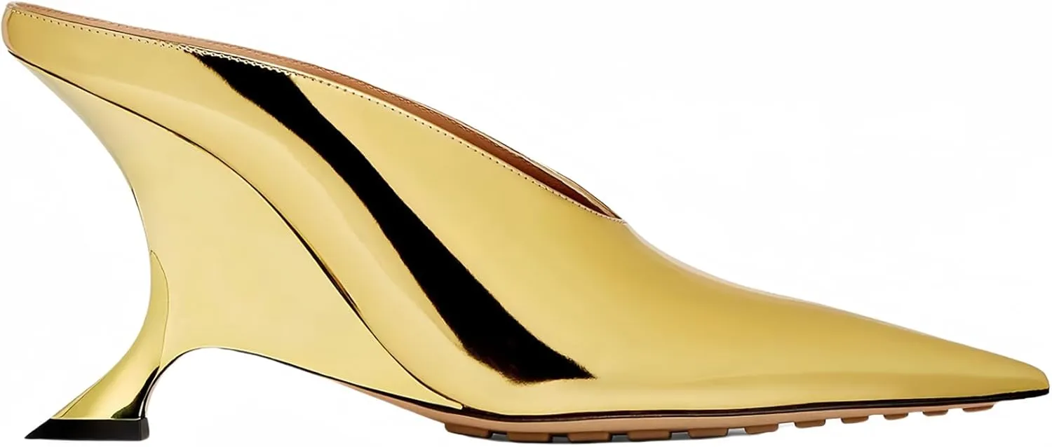 Metallic Leather Heeled Mules for Women Sexy Sandals Pointed Closed Toe Slip On Wedge Mule Dressy Pumps Heels
