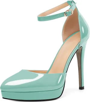 Mettesally Women's Platform Stiletto Pumps Pointed Toe Thin High Heels Ankle Strap Sandals Slip On Wedding Party Shoes