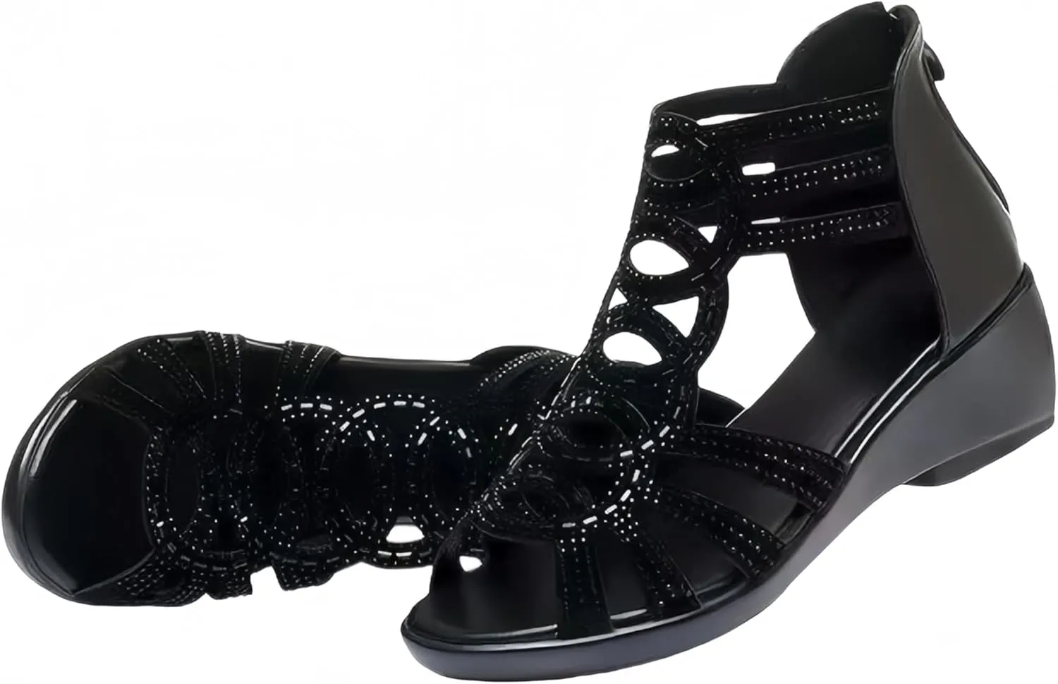 Mid-Heel Breathable Wedge Sandals Chic Summer Rhinestone Wedge Sandals for Women - Open Toe, Back Zipper, Breathable Fabric, Mid-Heel