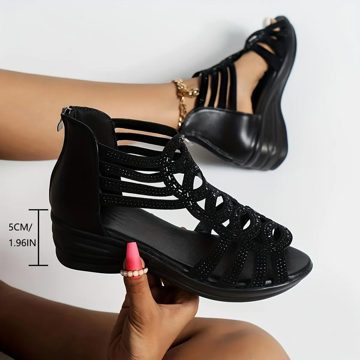 Mid-Heel Breathable Wedge Sandals Chic Summer Rhinestone Wedge Sandals for Women - Open Toe, Back Zipper, Breathable Fabric, Mid-Heel