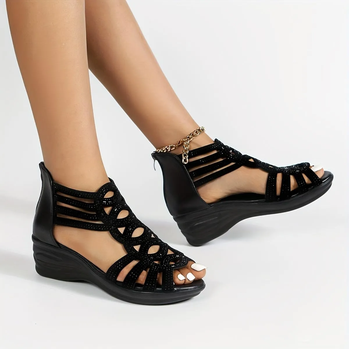 Mid-Heel Breathable Wedge Sandals Chic Summer Rhinestone Wedge Sandals for Women - Open Toe, Back Zipper, Breathable Fabric, Mid-Heel