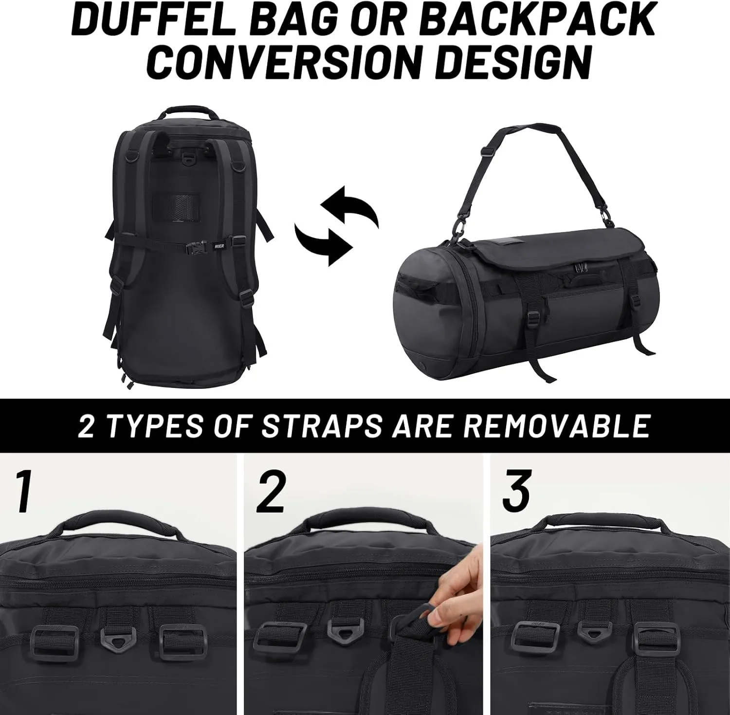 MIER Large Duffel Backpack Sports Gym Bag with Shoe Compartment, Heavy Duty and Water Resistant, Black, 90L