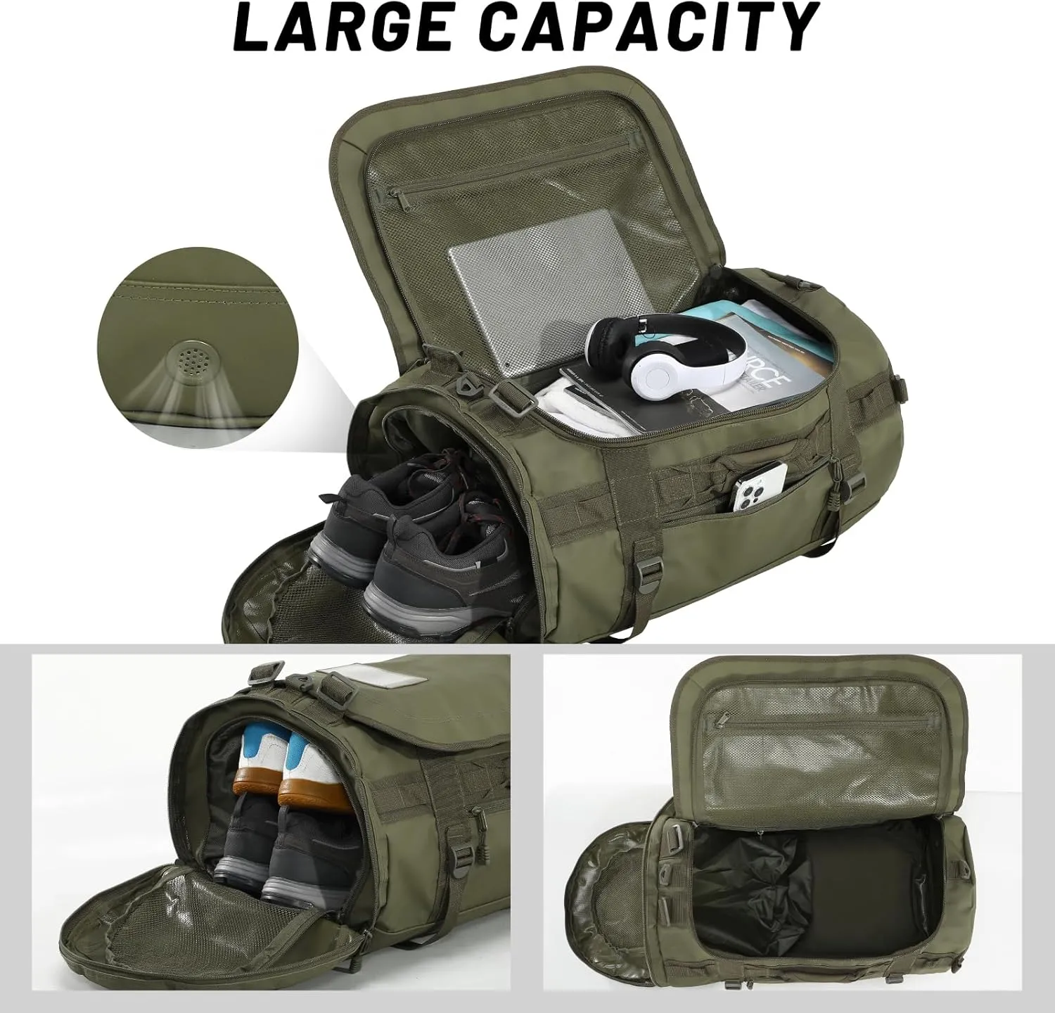 MIER Large Duffel Backpack Sports Gym Bag with Shoe Compartment, Heavy Duty and Water Resistant, Dark Green, 60L