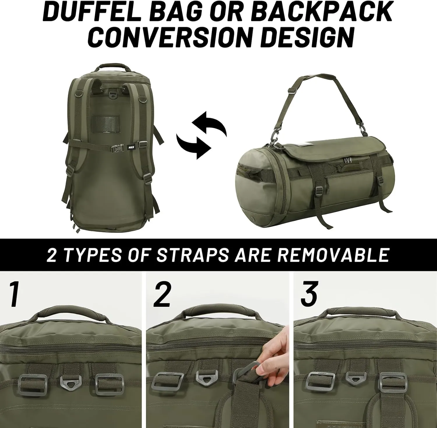 MIER Large Duffel Backpack Sports Gym Bag with Shoe Compartment, Heavy Duty and Water Resistant, Dark Green, 60L