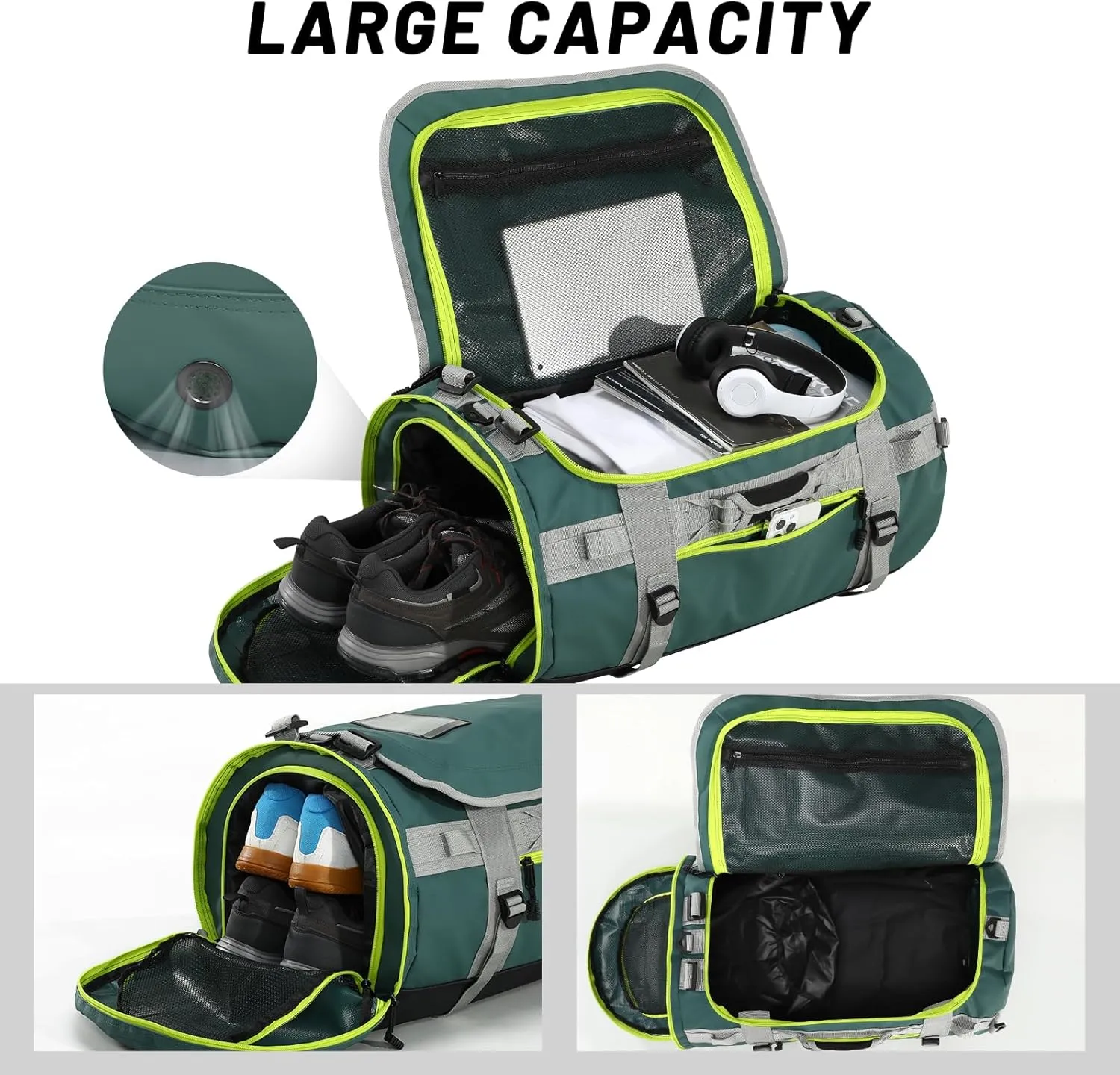 MIER Large Duffel Backpack Sports Gym Bag with Shoe Compartment, Heavy Duty and Water Resistant, Green, 90L