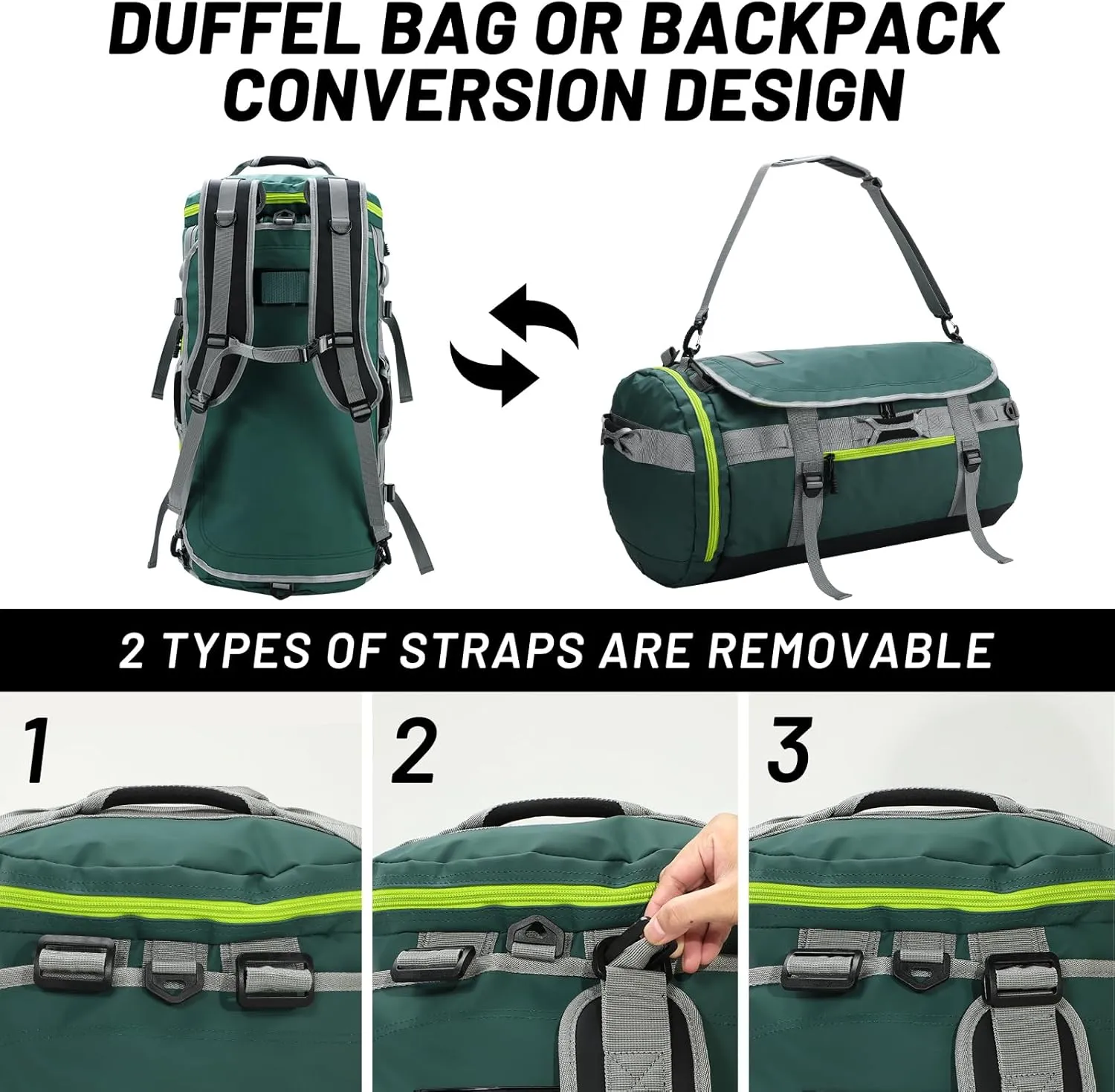 MIER Large Duffel Backpack Sports Gym Bag with Shoe Compartment, Heavy Duty and Water Resistant, Green, 90L