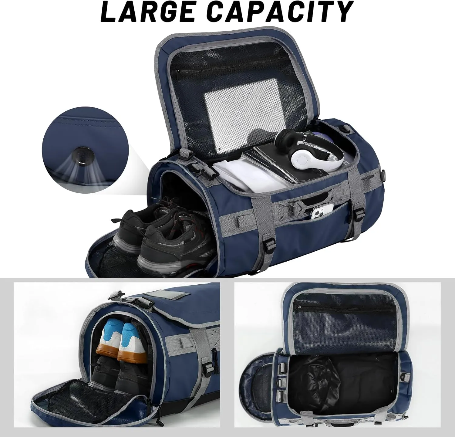 MIER Large Duffel Backpack Sports Gym Bag with Shoe Compartment, Heavy Duty and Water Resistant, Navy Blue, 60L