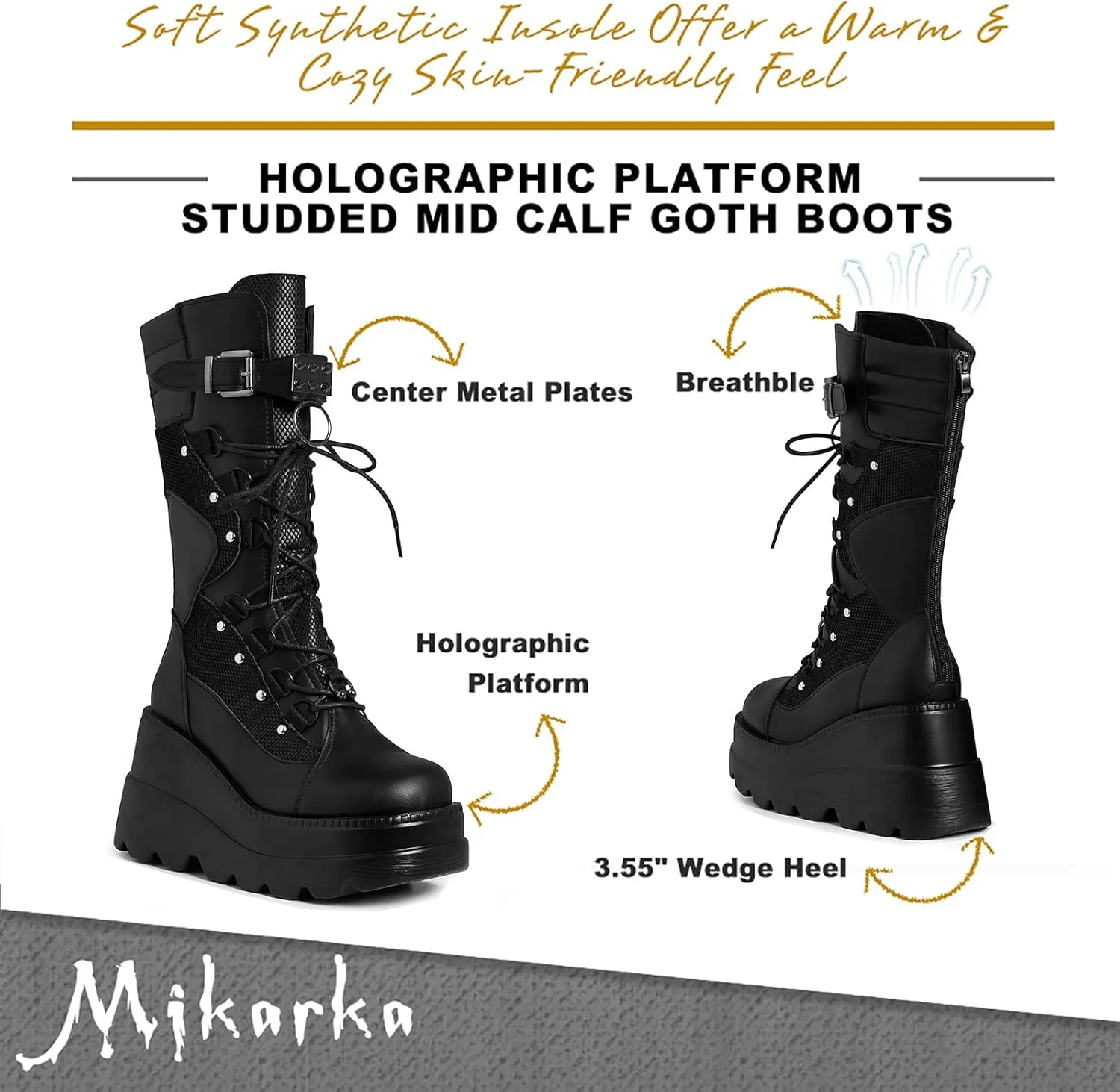 mikarka Womens Holographic Platform Mid Calf Combat Boots Lace Up Wedge Heel Studded Goth Knee High Boots
