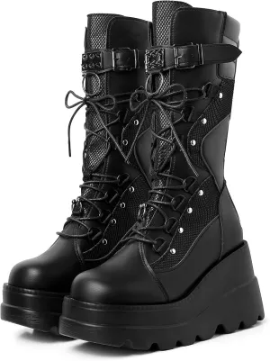 mikarka Womens Holographic Platform Mid Calf Combat Boots Lace Up Wedge Heel Studded Goth Knee High Boots