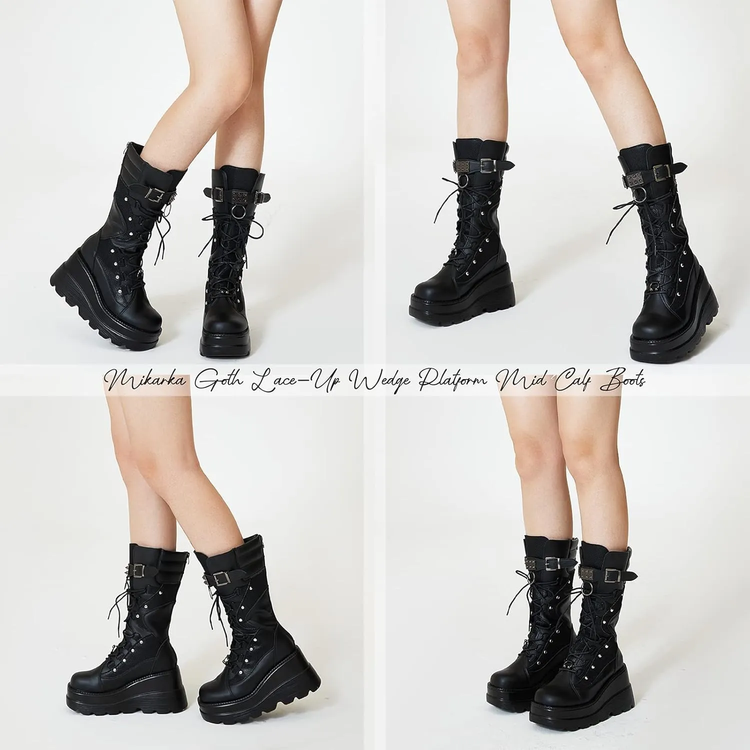 mikarka Womens Holographic Platform Mid Calf Combat Boots Lace Up Wedge Heel Studded Goth Knee High Boots