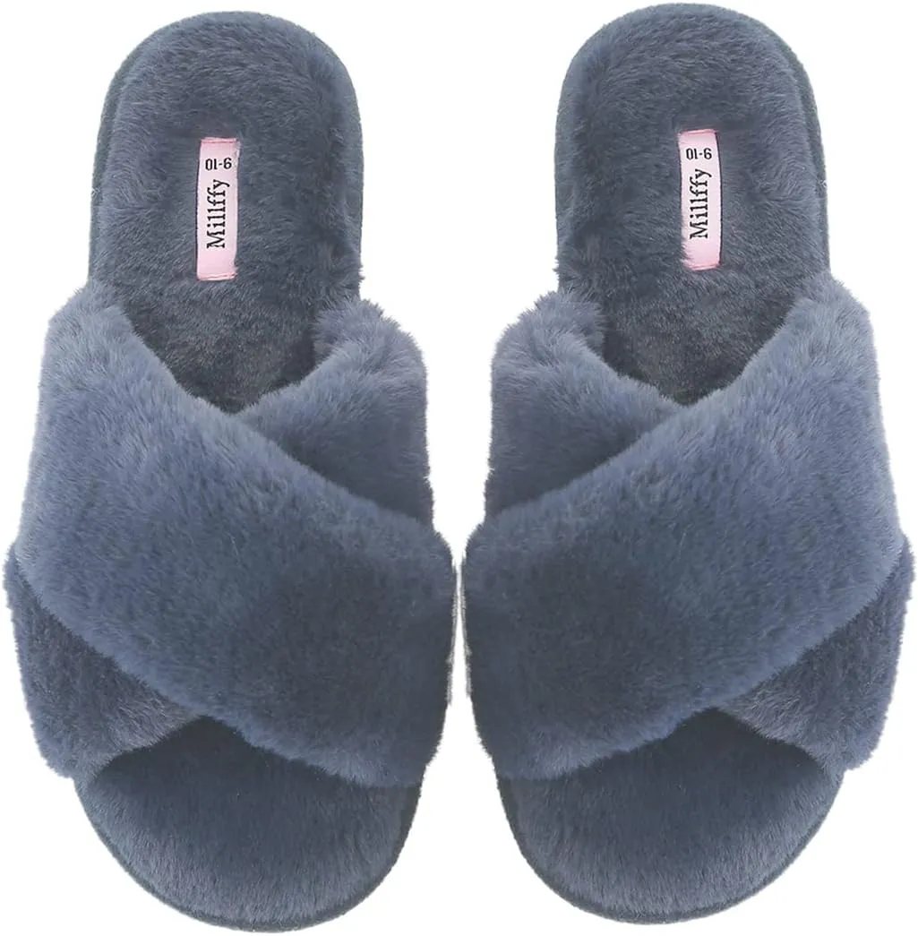 Millffy Fuzzy Fluffy Open Toe Slippers for Summer Warm Comfy flip Flop Slippers for Women Slip on