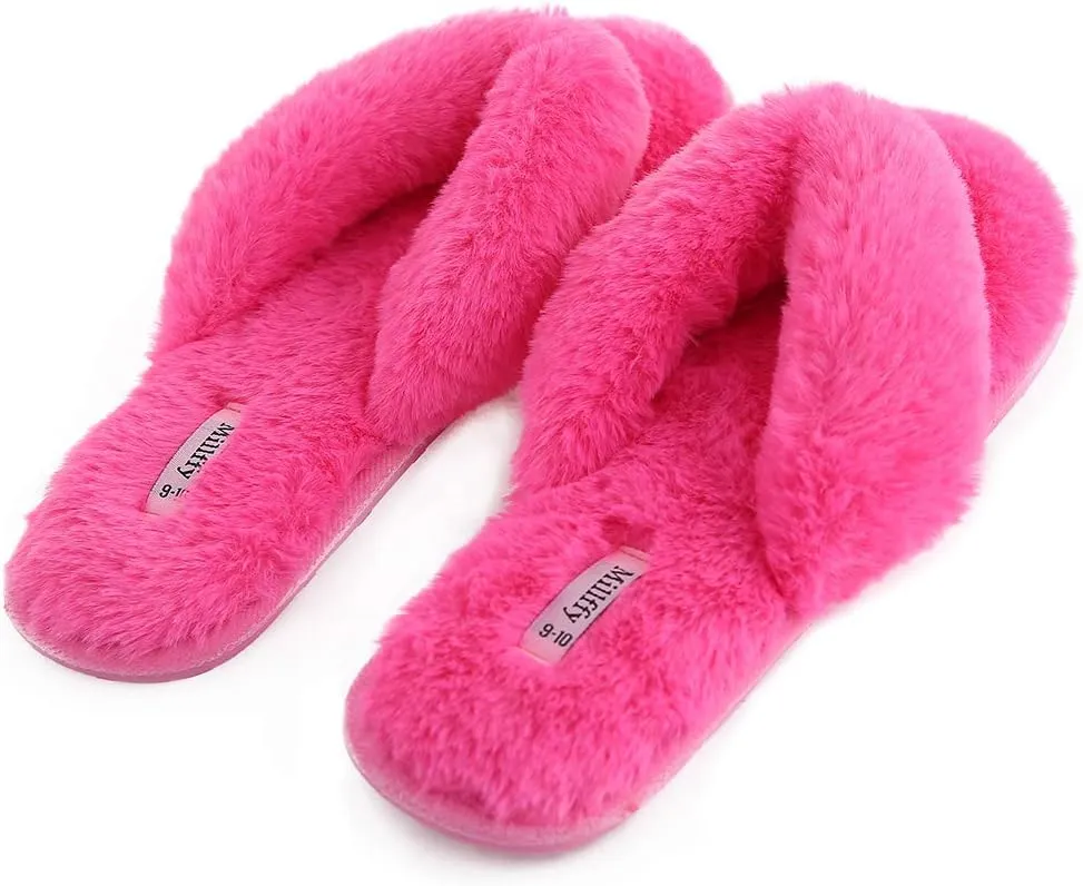 Millffy Fuzzy Fluffy Open Toe Slippers for Summer Warm Comfy flip Flop Slippers for Women Slip on